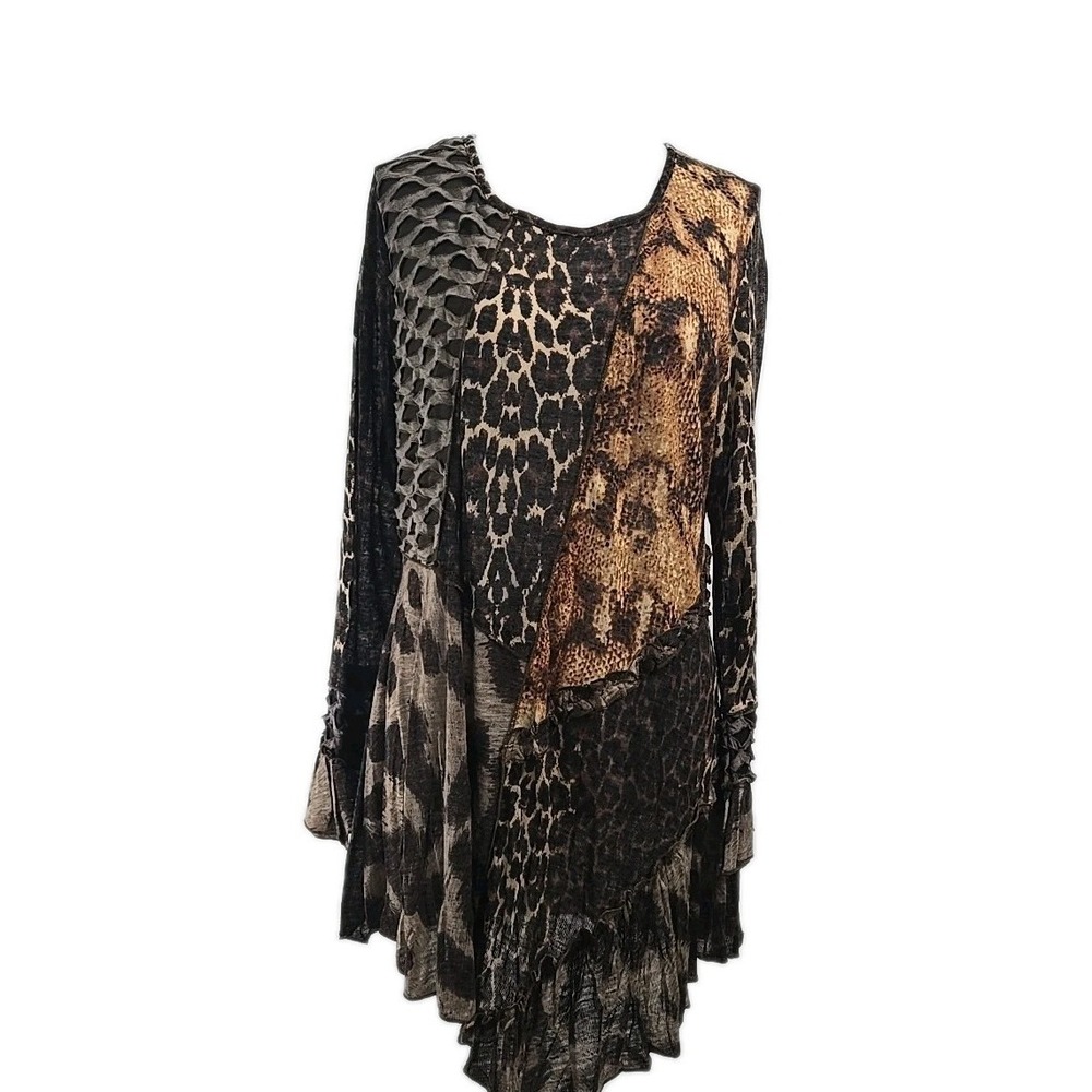 Fleur-de-lis Brown Animal Print Contrast Knit Tunic Top SHELL Size XL